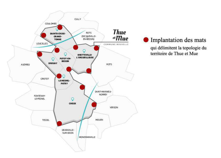 L'implantation de ces mats figure la topologie, (le plan de masse) du territoire de la nouvelle commune de Thue et Mue