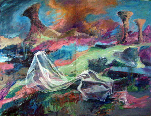 Dans un paysage, 2015, mixte sur medium, 122 x 160 cm (diptyque)