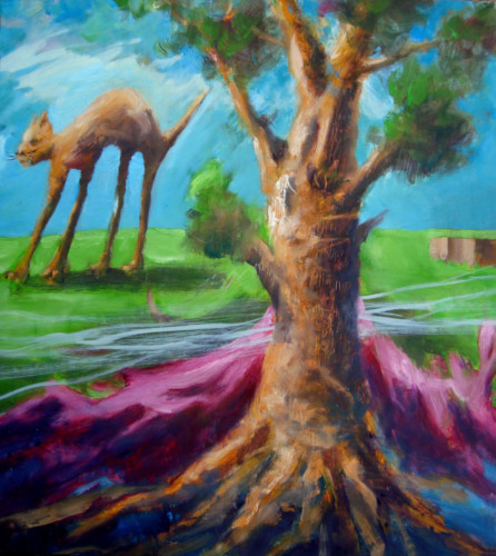 Derrière un arbre, un chat, 2020, mixte sur toile, 65 x 54 cm 