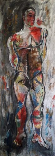 Personnage debout, 2003-2025, mixte sur toile, 240x80 cm