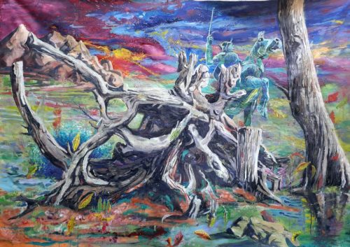 La souche allongée - 2026 - mixte sur toile - 150 x 200 cm 