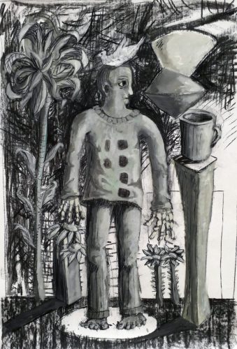 L'homme à l'oiseau - 2026 - fusain et lavis sur papier - 100 x 70 cm