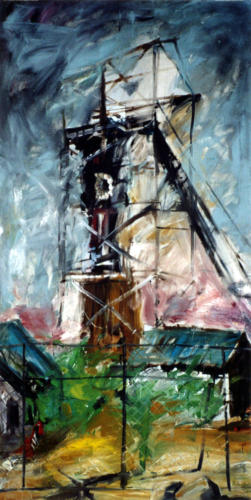 Paysage à la tour n°2, 2003, mixte sur toile, 240x120 cm