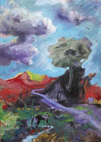 Petit singe dans un paysage - 2022 - mixte sur bois - 80 x 55 cm