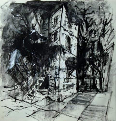 Rennes le Château by night, encre sur papier, 24 x 24 cm