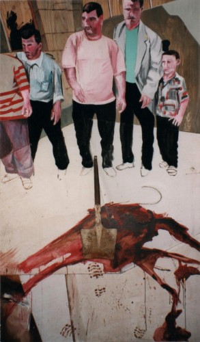 Trace d'attentat, 1998, mixte sur panneaux de bois, 250 x 145 cm