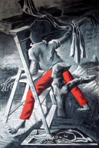 Triptyque à l'escabeau-Le pantalon rouge, 2016, mixte sur toile, 195 x 130 cm
