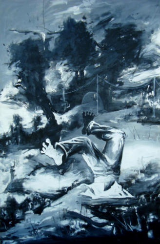 Triptyque à l'escabeau-Plongeur n°2, 2016, huile sur toile, 195 x 130 cm