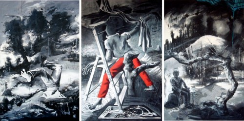 Triptyque à l'escabeau - 2016 - mixte sur toiles - 3 toiles 195 x 130 cm